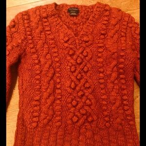 New Scotland Wool Knit Sweater Pullover SM Red-Orange Soft Varied Stitches Cable